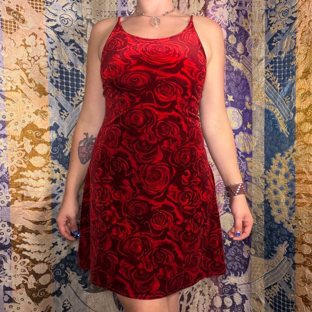 90s/Y2K Dark Romantic Red Velvet Rose Balletcore Mini Dress Size M Coquette Vamp